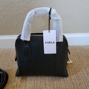 New FURLA Vittoria Top Handle Dome Leather Crossbody Bag in Black